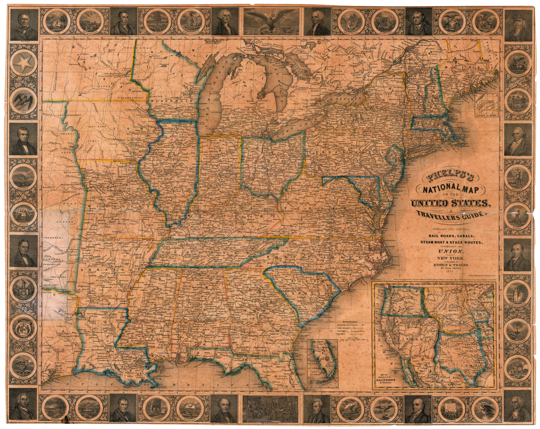 95901, Phelps's National Map of the United States, a Travellers Guide. Embracing the principal railroads, canals, steamboat & stage routes, throughout the Union, Cobb Digital Map Collection