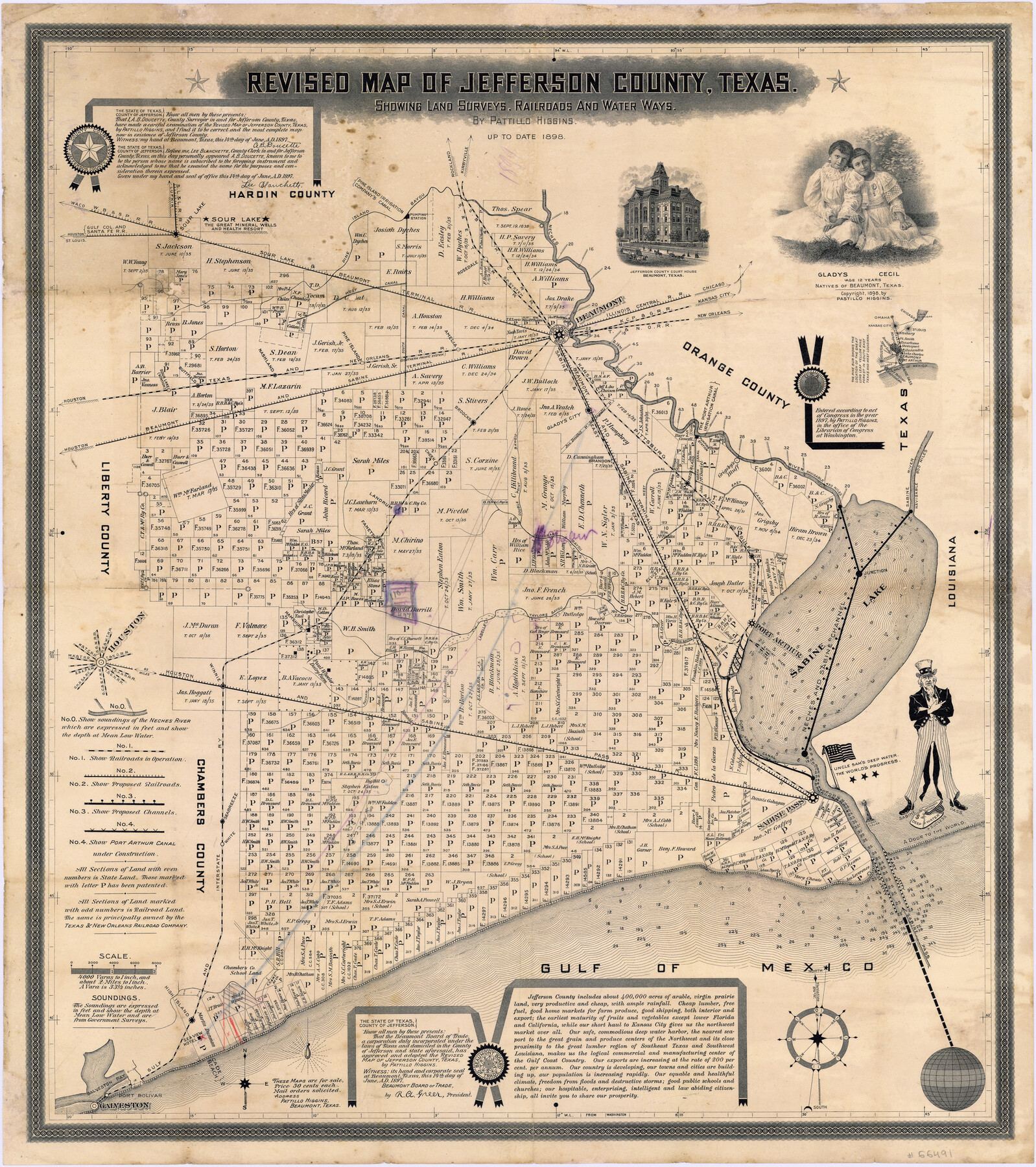 Revised map of Jefferson County, Texas showing land surveys, railroads ...