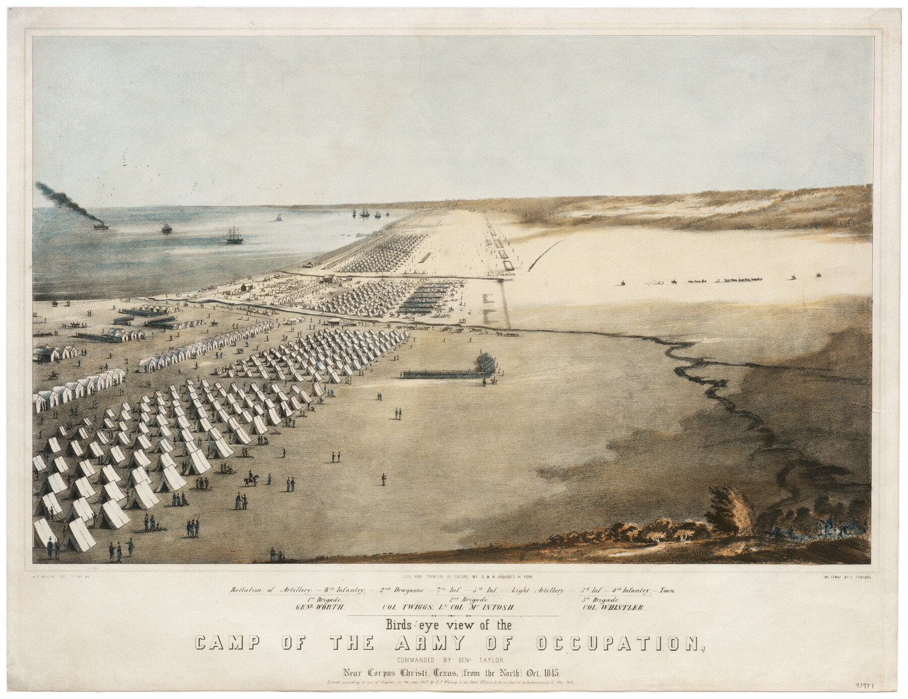 95951, Birds-eye view of the camp of the army of occupation commanded by Genl. Taylor near Corpus Christi, Texas (from the North), General Map Collection
