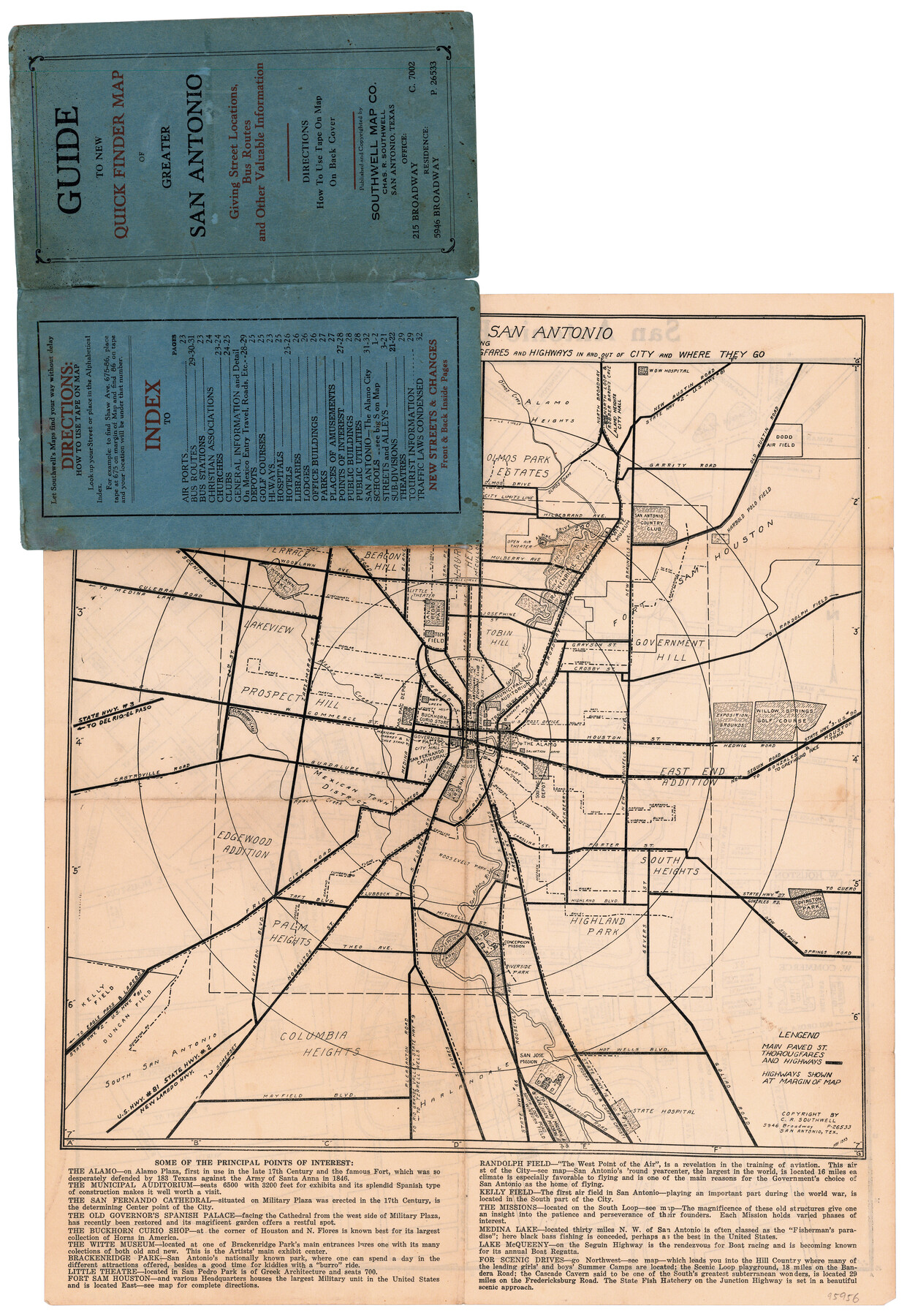 95956, Tourist Map of San Antonio showing points of interest, places of amusements, main thoroughfares and highways in and out of city and where they go, General Map Collection