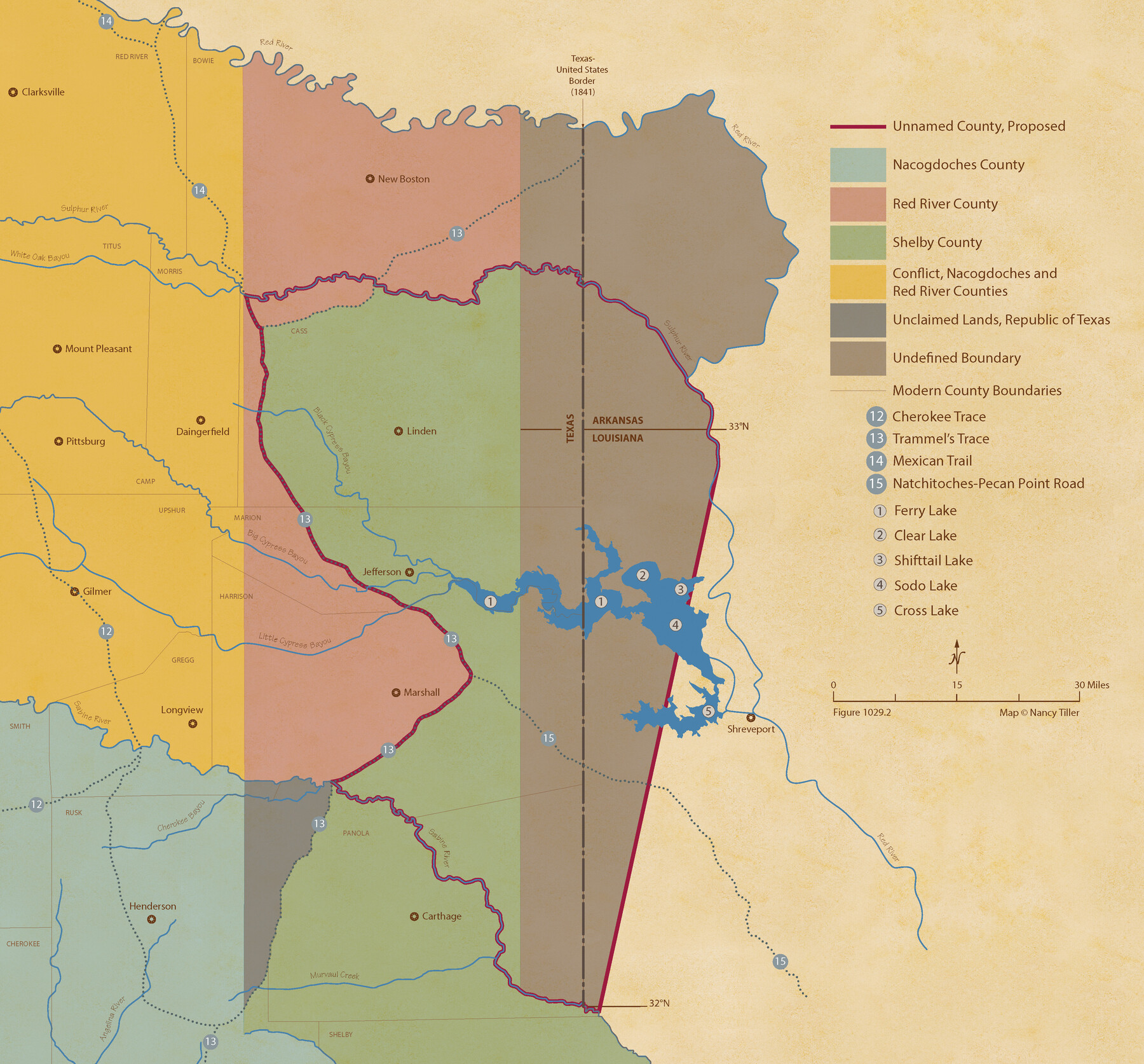 96404, Authors’ Interpretation of Figure A1029.1, Red River and Shelby Counties, Undated, Nancy and Jim Tiller Digital Collection