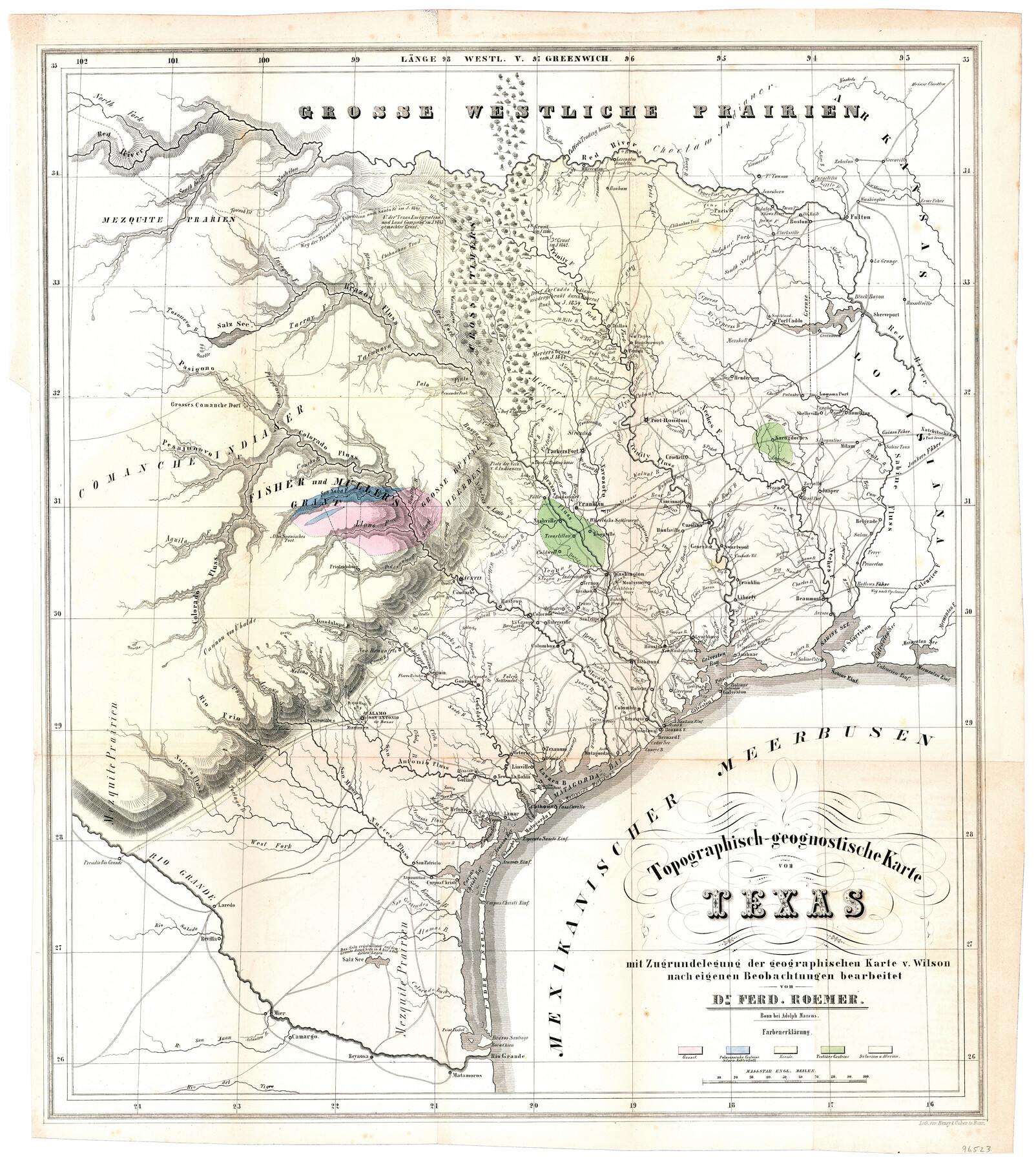 96523, Topographisch-geognostische Karte von Texas mit Zugrundelegung der geographischen Karte v. Wilson nach eigenen Beobachtungen bearbeitet von Dr. Ferd. Roemer, General Map Collection