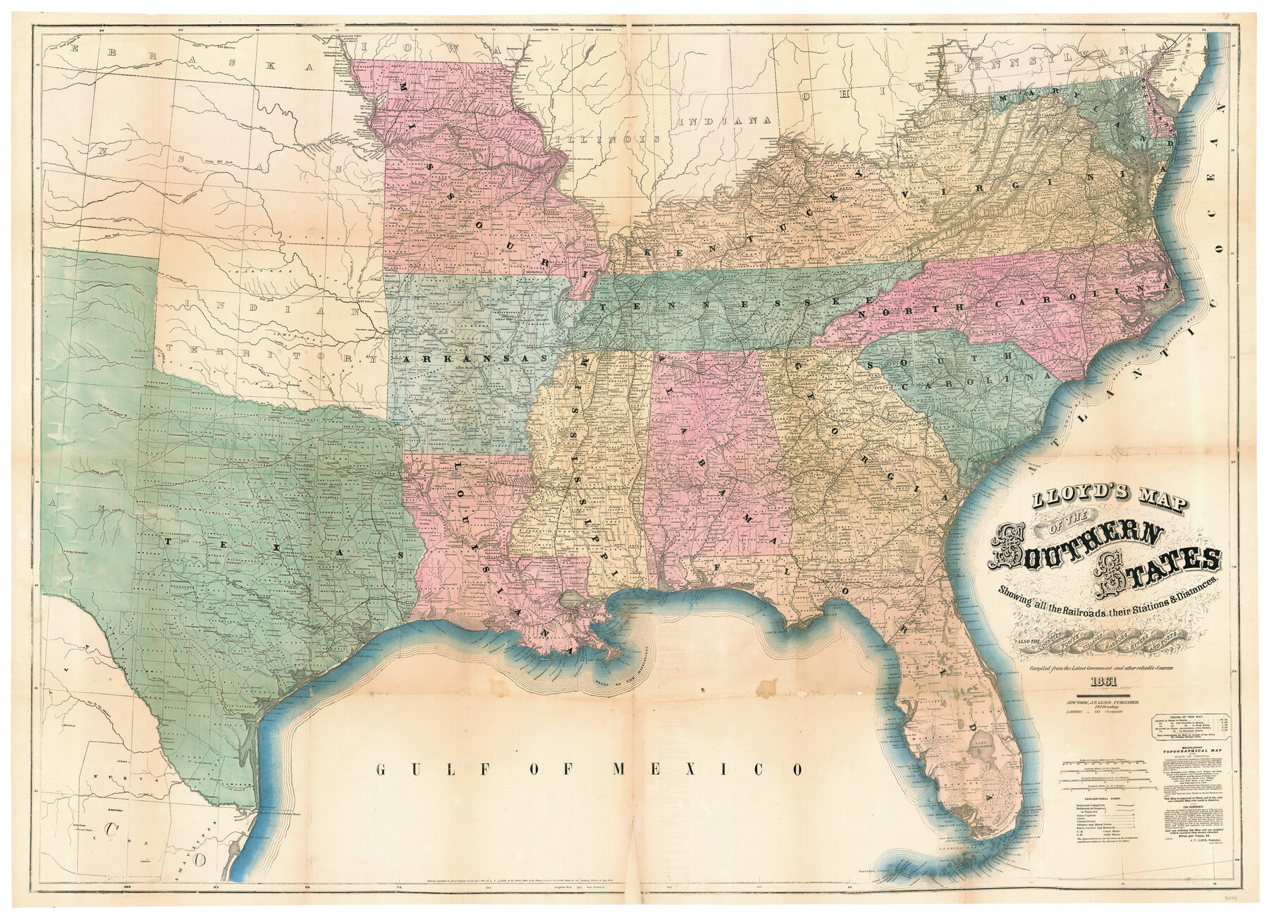 96556, Lloyd's Map of the Southern States showing all the Railroads, their Stations & Distances, also the Counties, Towns, Villages, Harbors, Rivers, and Forts, General Map Collection
