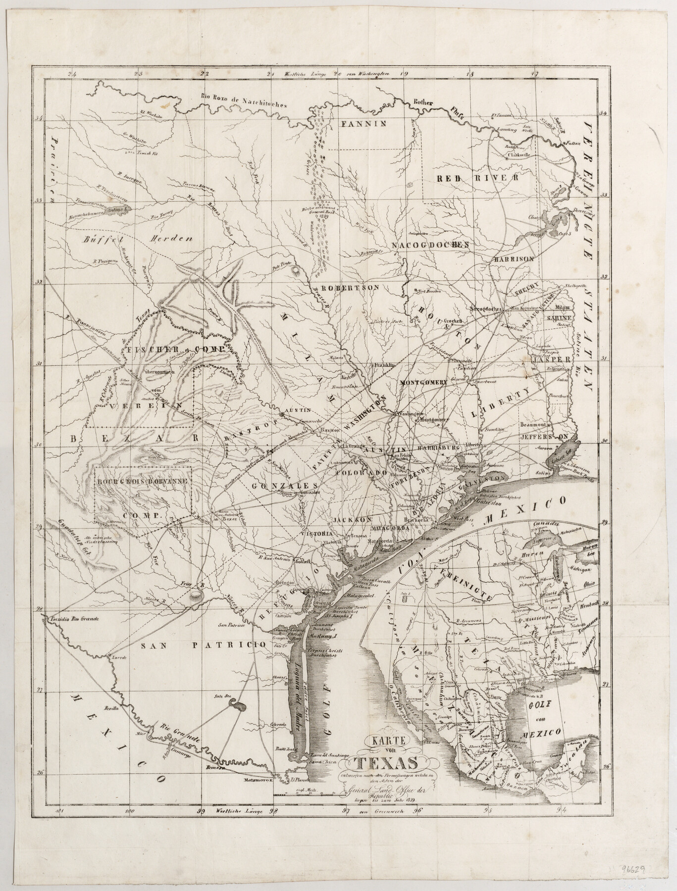 96629, Karte von Texas entworfen nach den Vermessungen welche in den Acten der General Land Office der Republic liegen bis zum Jahr 1839, General Map Collection