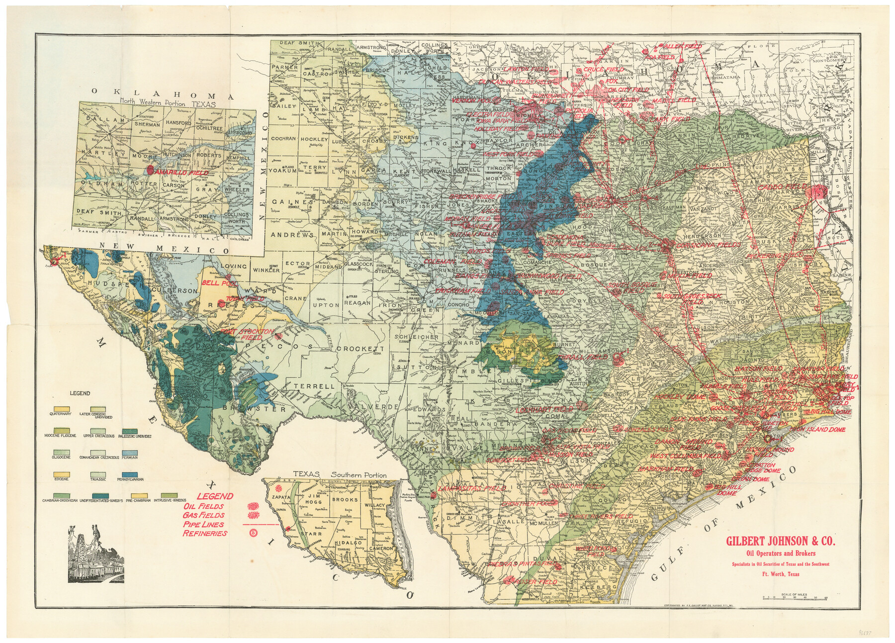 96633, New Oil and Geological Map of Texas showing Oil Fields, Pipe Lines, Refineries, Geological Formations, Etc., General Map Collection