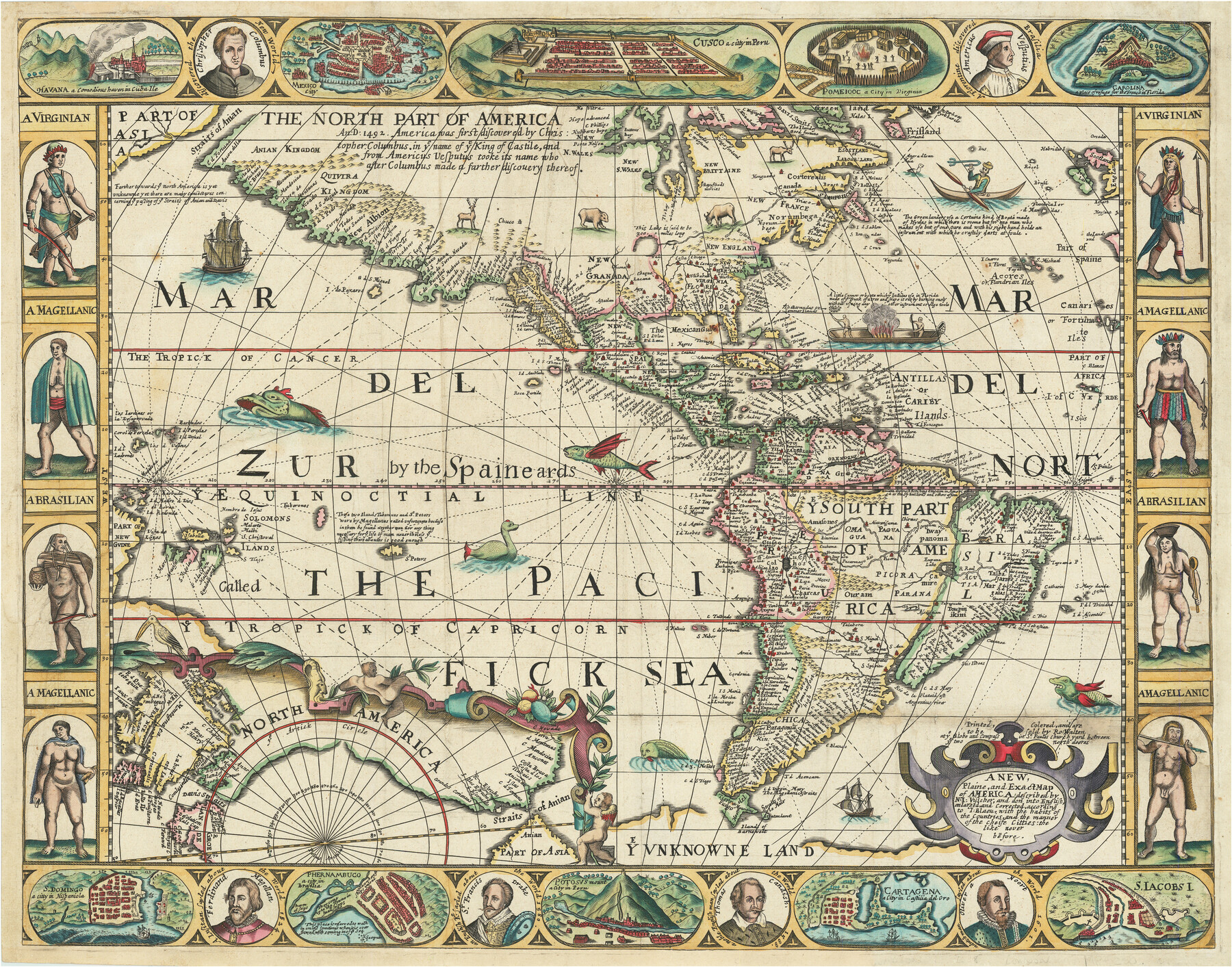 A New, Plaine, and Exact map of America : described by N.I. Visscher, and don into English, enlarged, and corrected, according to I. Blaeu, with the habits of the countries, and the manner of the cheife Citties, the like never before