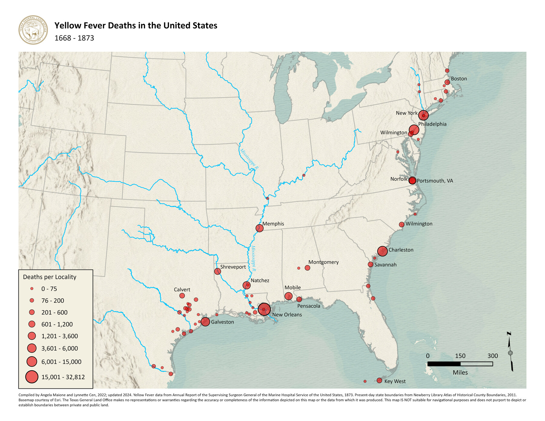 97093, Yellow Fever Deaths in the United States, GIS Educational Maps