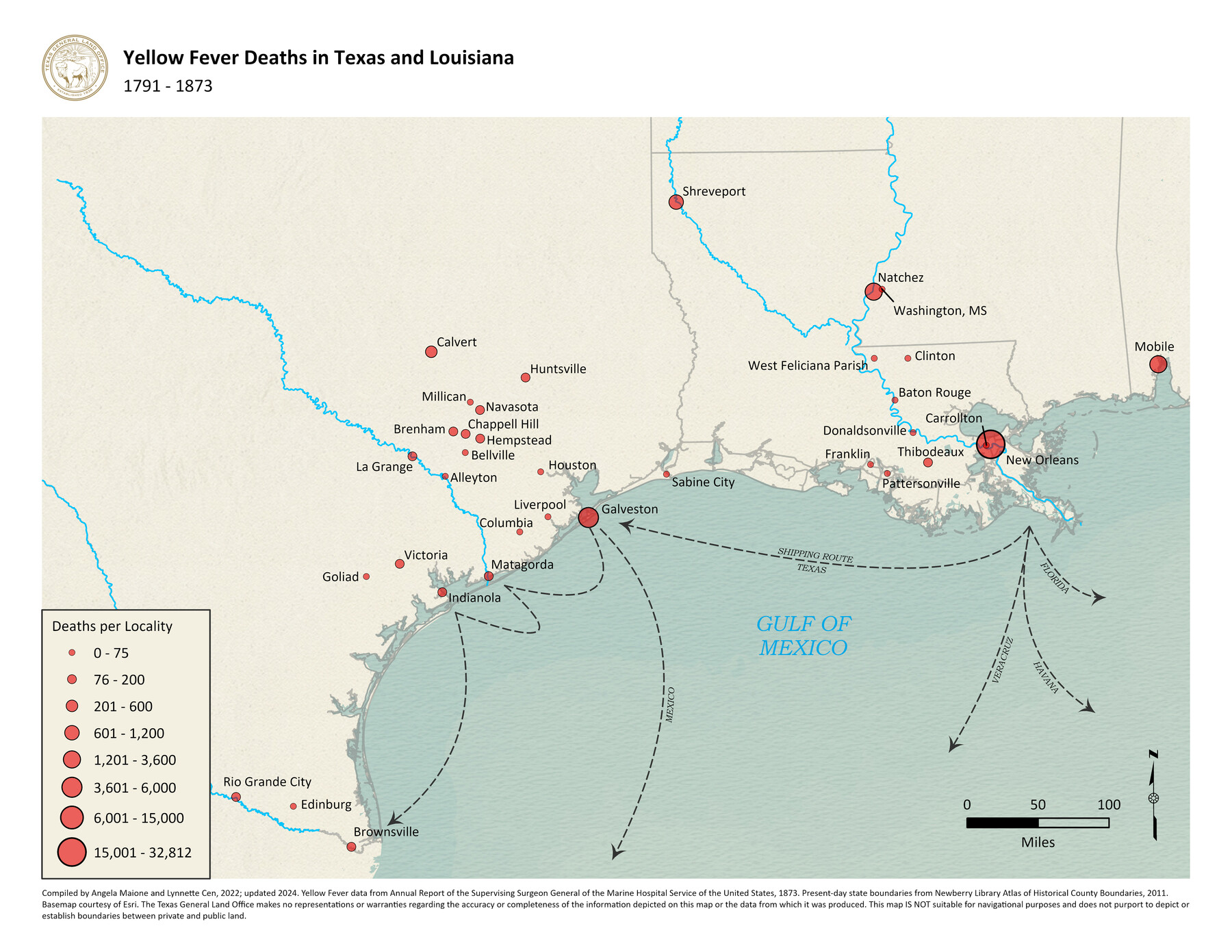 97094, Yellow Fever Deaths in Texas and Louisiana, GIS Educational Maps