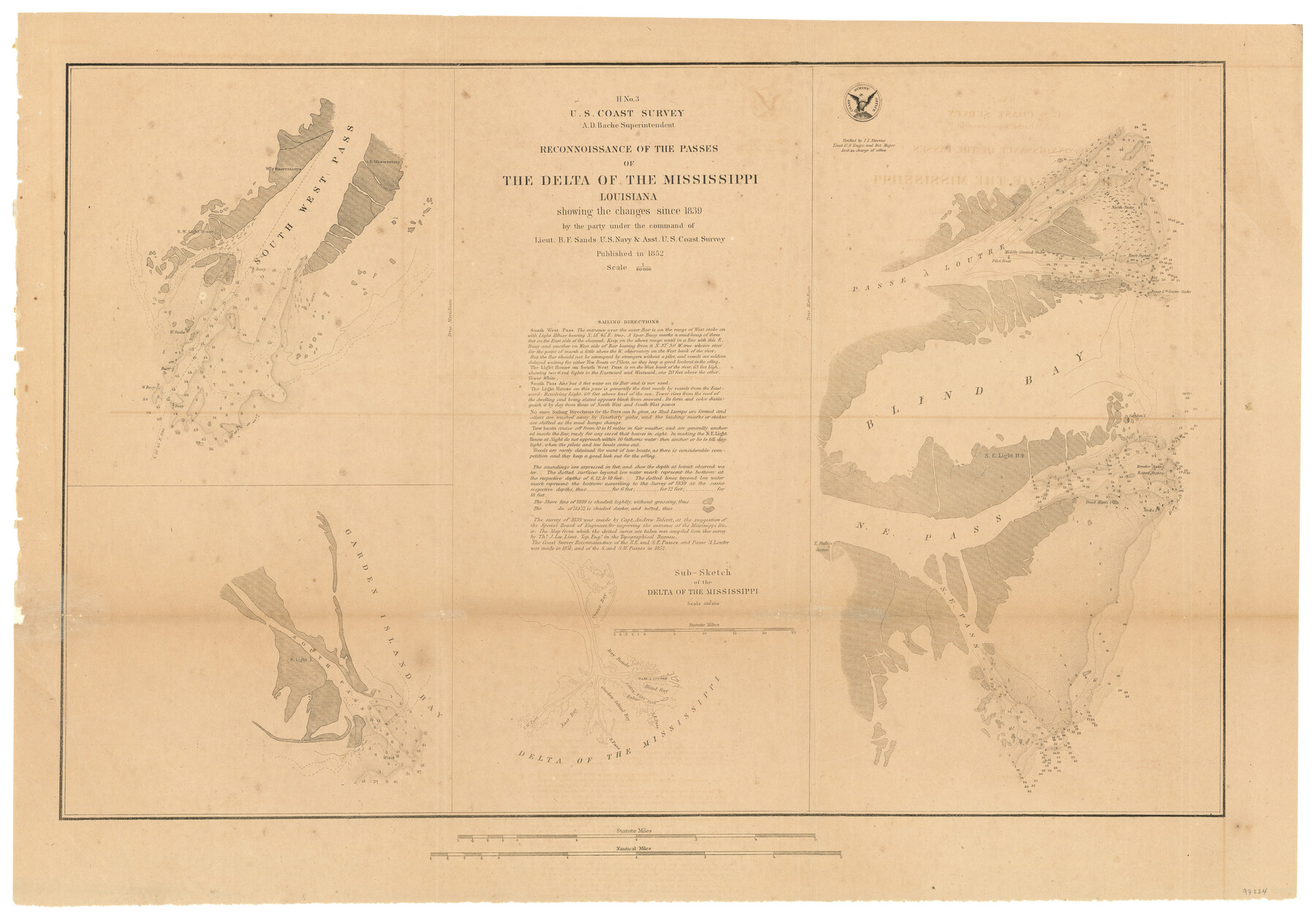 97224, H No. 3 - Reconnoissance of the Passes of the Delta of the Mississippi, Louisiana showing the changes since 1839, General Map Collection