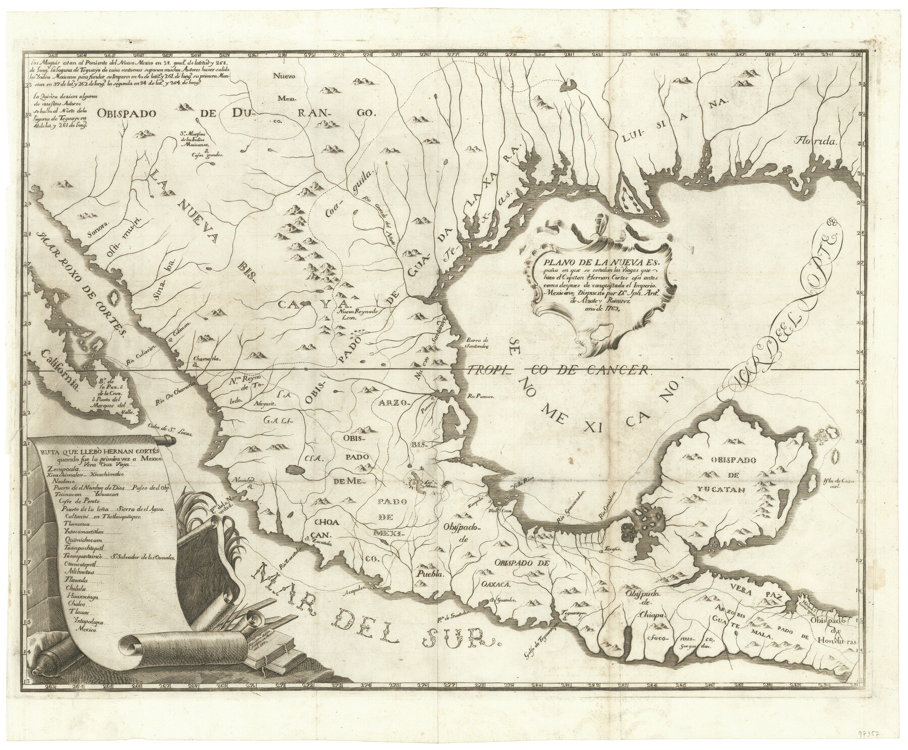 97352, Plano de la Nueva España en que se señalan los Viages que hizo el Capitan Hernan Cortes assi antes como despues de conquistado el Imperio Mexicano, General Map Collection