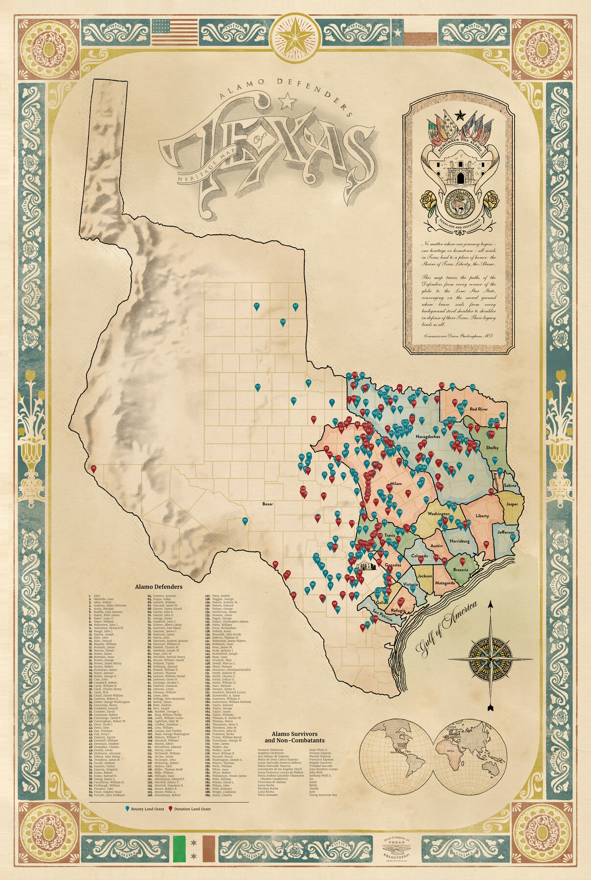 97433, Alamo Defenders Heritage Map of Texas, General Map Collection
