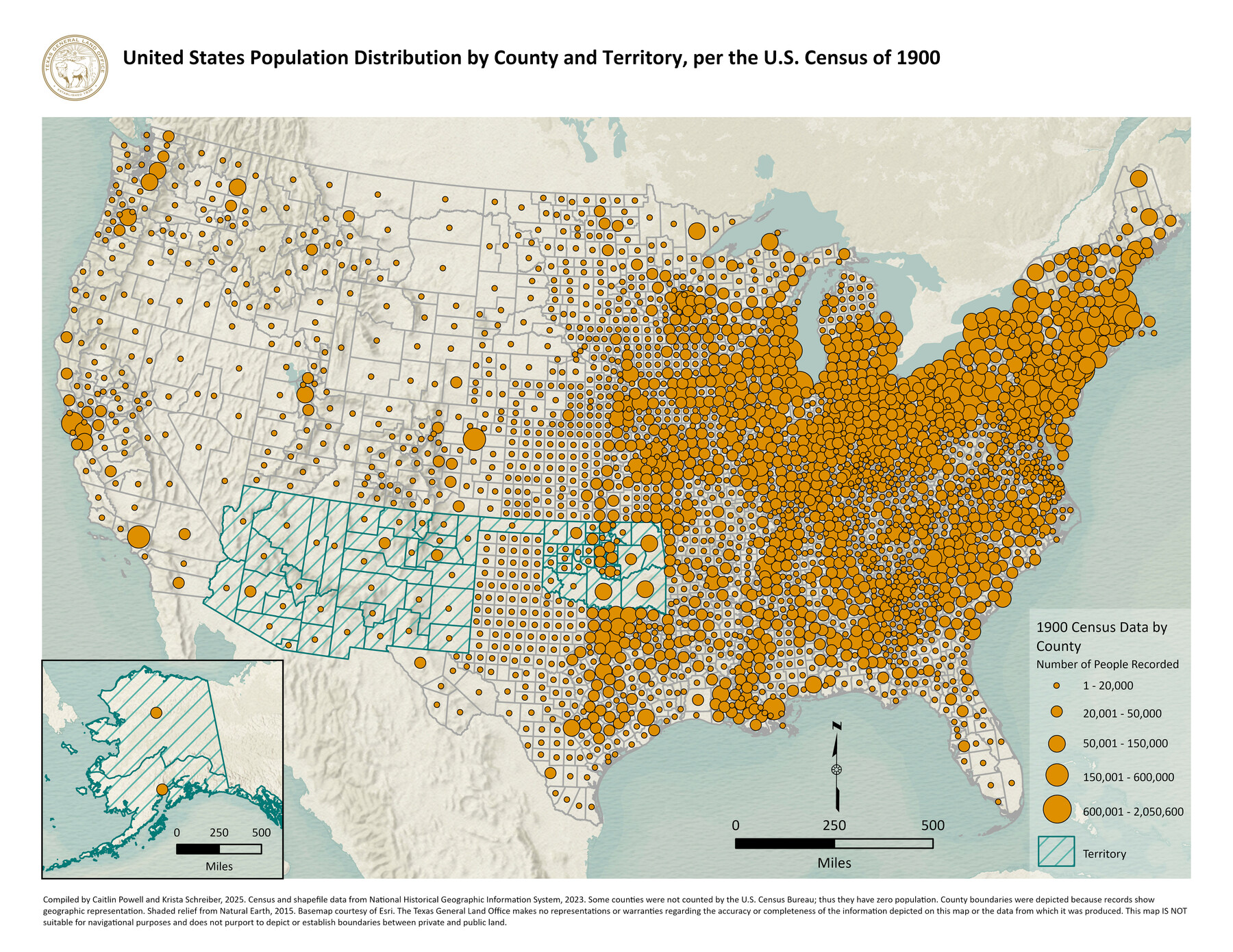 97481, United States Population Distribution by County and Territory, per the U.S. Census of 1900, GIS Educational Maps