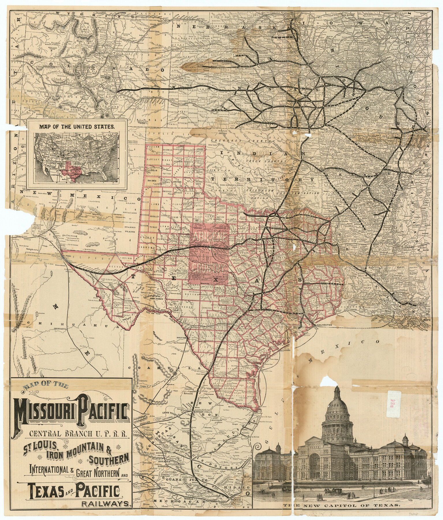 97505, Map of the Missouri Pacific Central Branch U.P.R.R. St. Louis, Iron Mountain & Southern International & Great Northern and Texas and Pacific Railways, General Map Collection