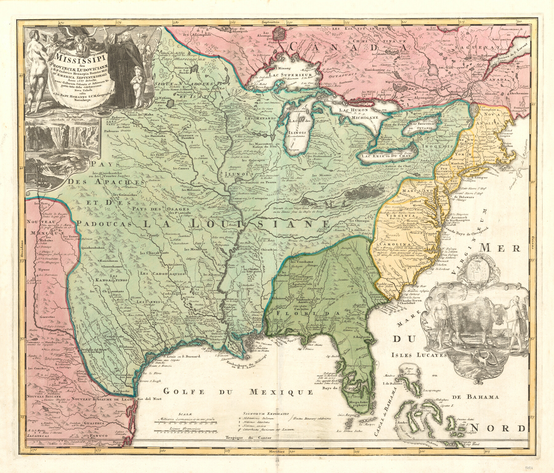 97516, Amplissimae Regionis Mississipi seu Provinciae Ludovicianae a R.P. Ludovico Hennepin Francisc Miss in America Septentrionali Anno 1687. Detectae, Nunc Gallorum Coloniis et Actionum Negotiis Toto Orbe Celeberrimae, General Map Collection

