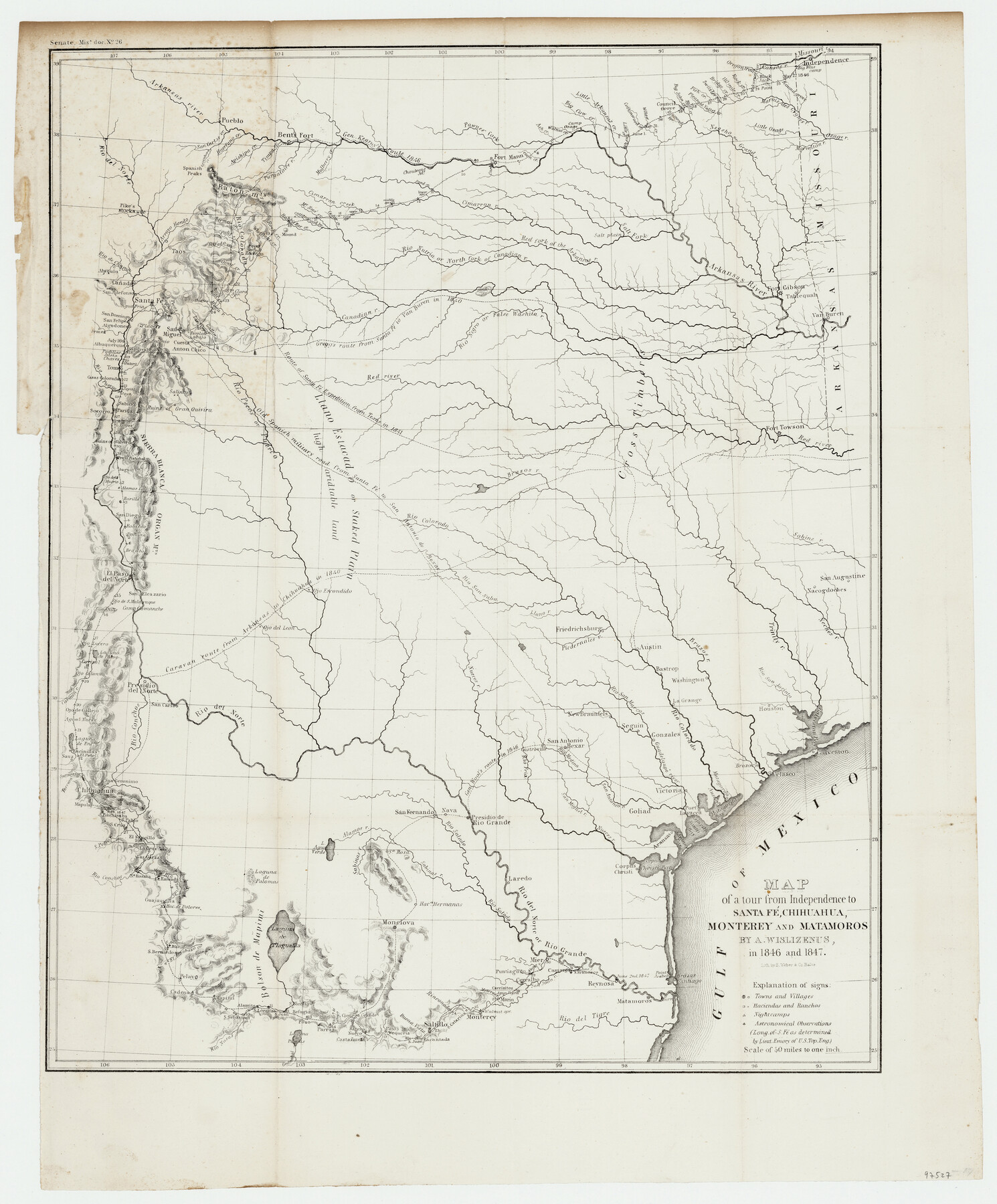 97527, Map of a tour from Independence to Santa F&eacute;, Chihuahua, Monterey and Matamoros, General Map Collection

