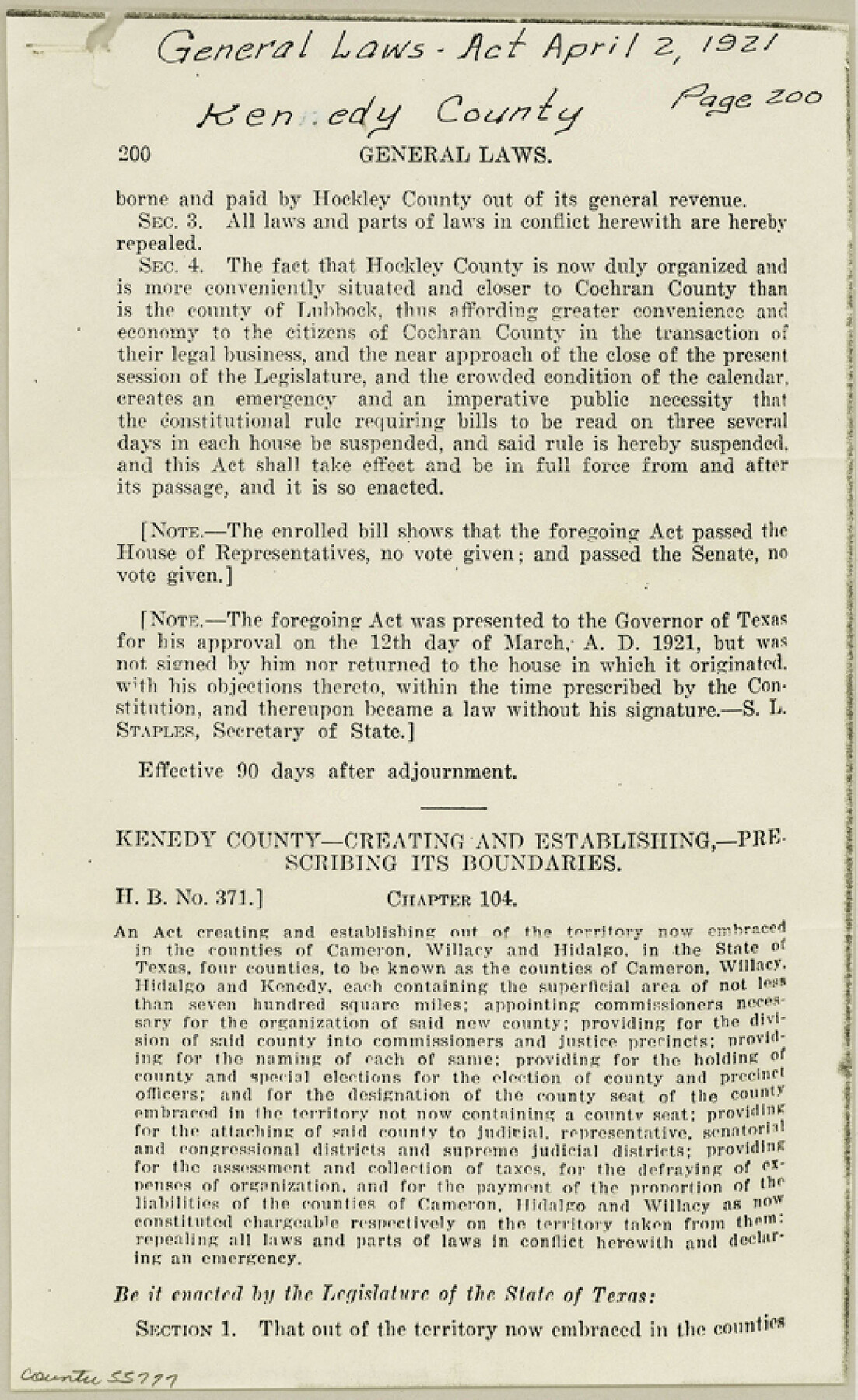 55777, Kenedy County Boundary File 1, General Map Collection