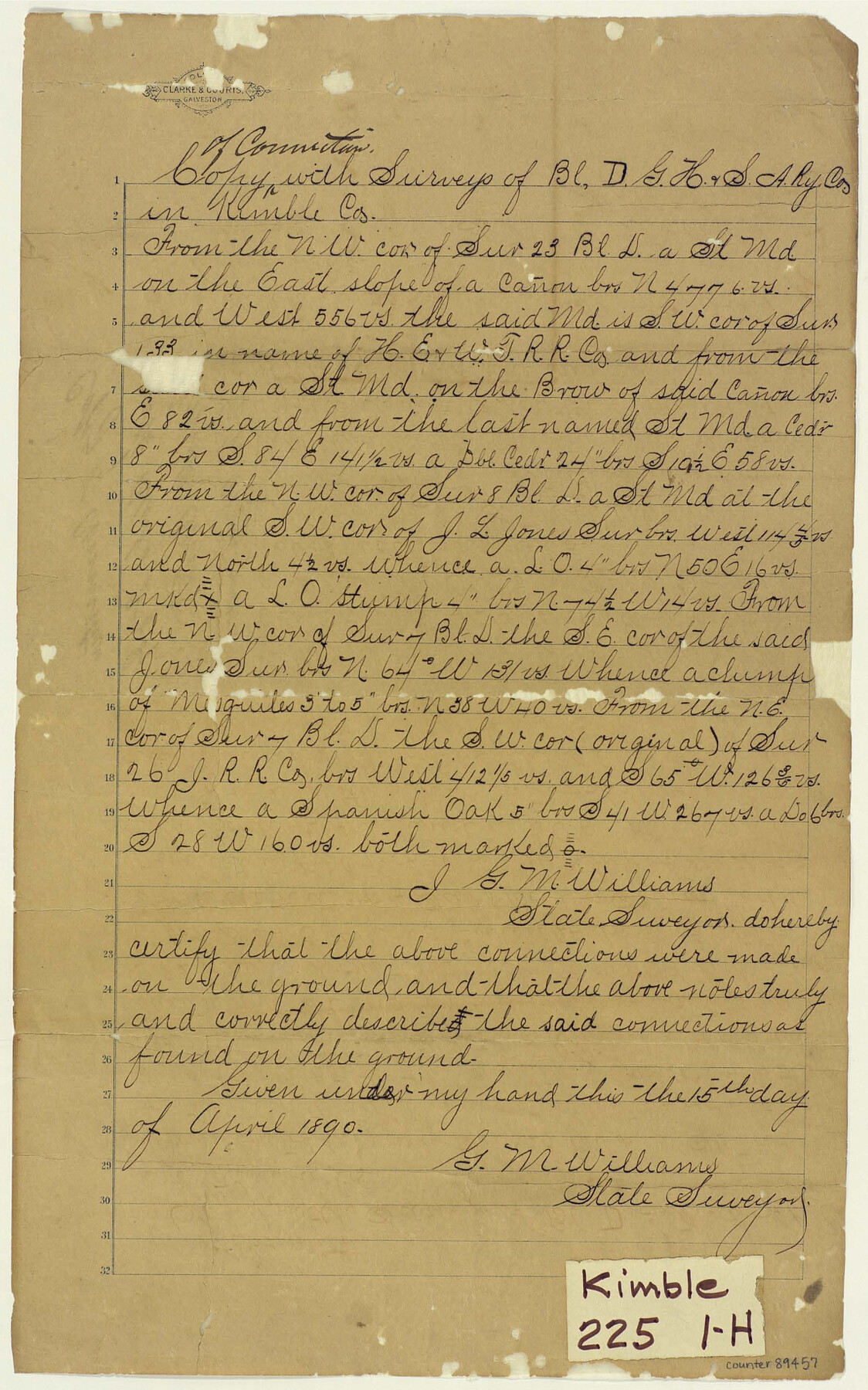 89457, Copy of connection with surveys of Bl. D, GH&SA Ry. Co. in Kimble County, Barnes Railroad Collection