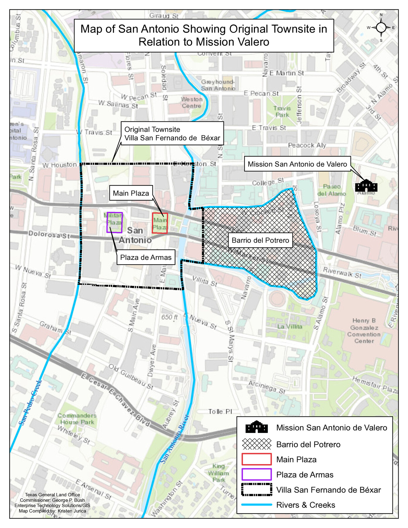 94244, Map of San Antonio Showing Original Townsite in Relation to Mission Valero, General Map Collection