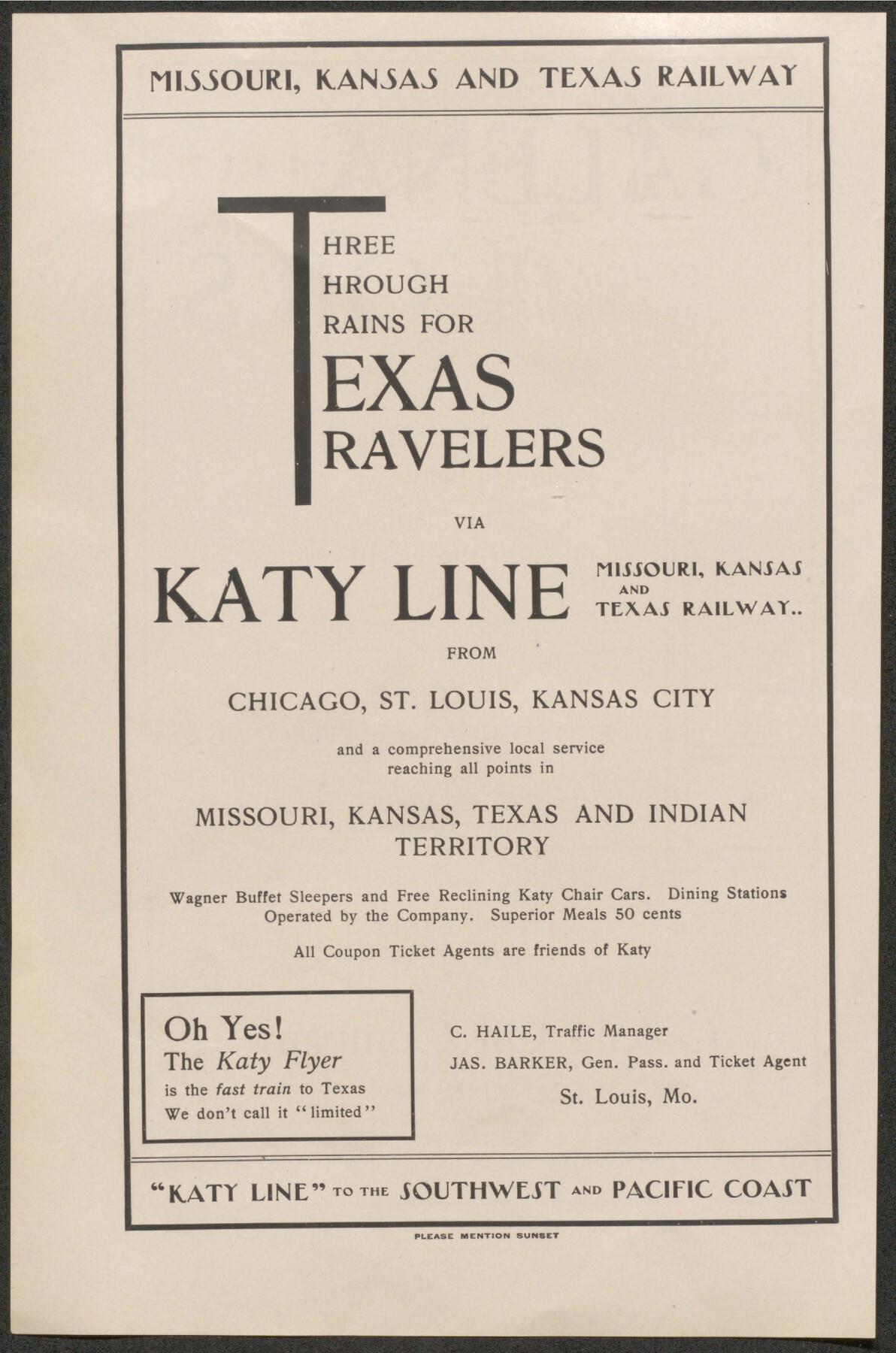 96605, Three Through Trains for Texas Travelers via Katy Line - Missouri, Kansas and Texas Railway from Chicago, St. Louis, Kansas City and a comprehensive local service reaching all points in Missouri, Kansas, Texas and Indian Territory, Cobb Digital Map Collection