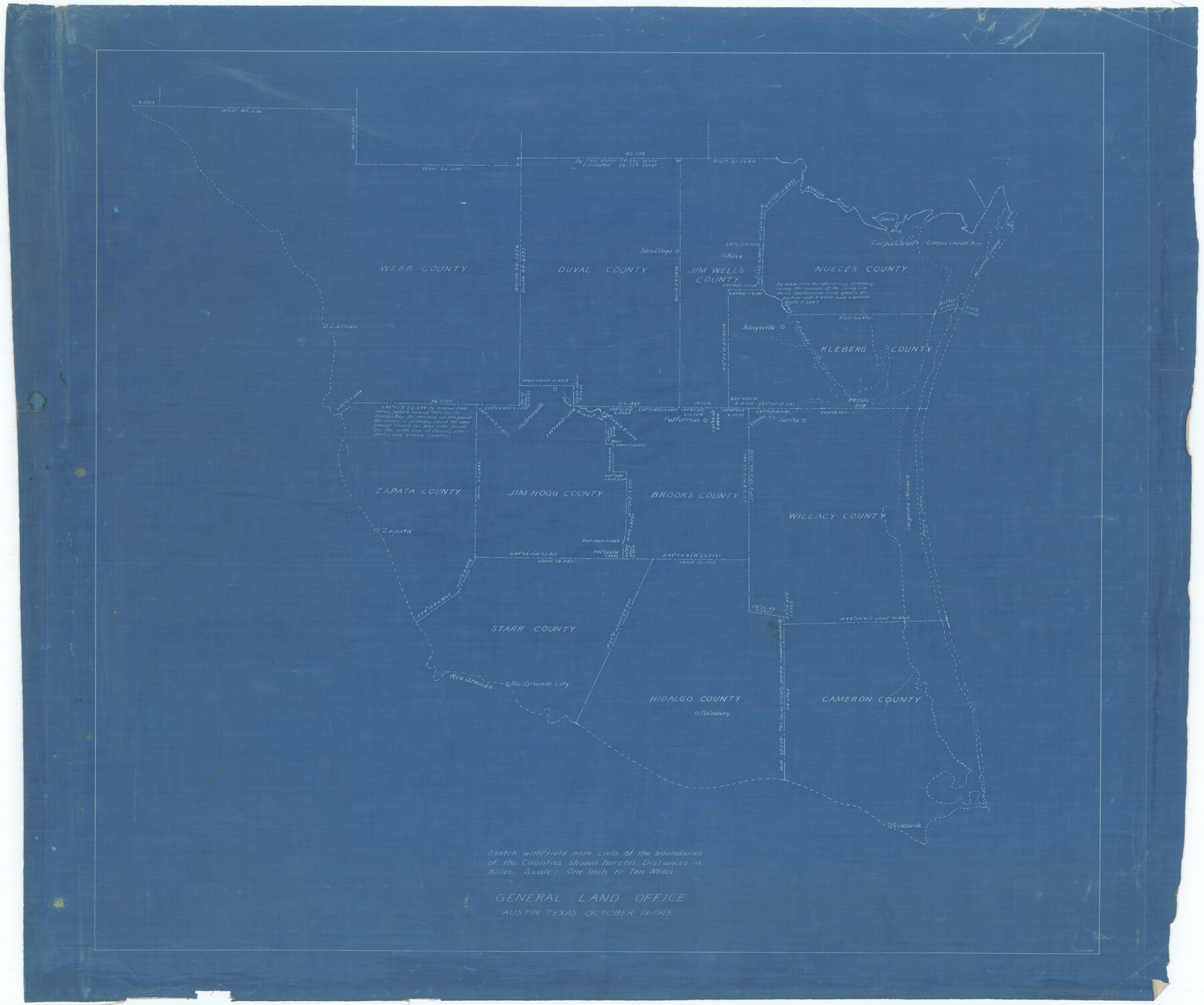 1689, [Sketch with field note calls of the boundaries of Webb, Duval, Jim Wells,Nueces, Kleberg, Zapata, Jim Hogg, Brooks, Willacy, Starr, Hidalgo and Cameron Counties], General Map Collection