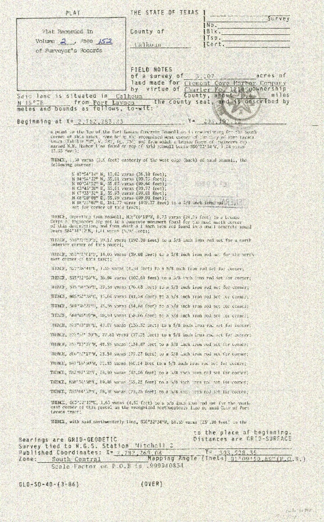 60398, [Plat and field notes of 3.107 acre tract for Clement Cove Harbor Company]