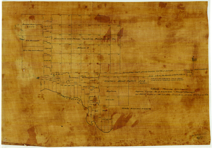 388, Sketch showing position of Asylum Lands Blk. 4, H. & T. C. R.R. Co. & river surveys on north side of Middle Concho, Tom Green Co., Maddox Collection
