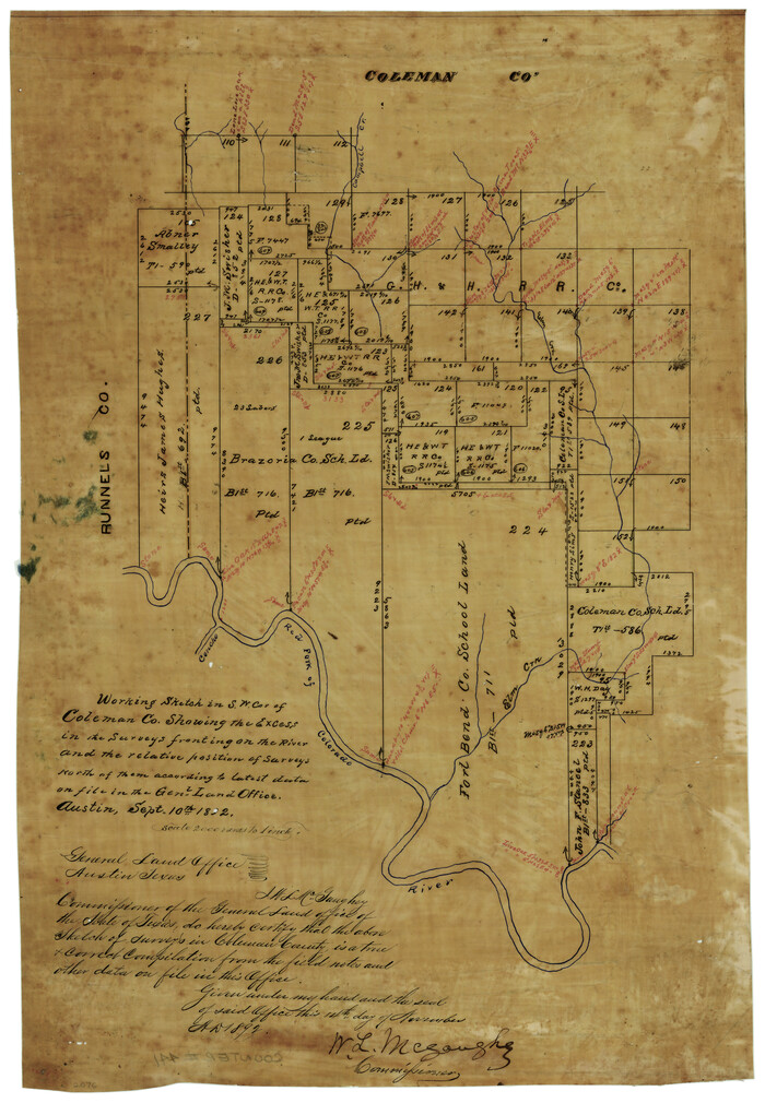 441, Working Sketch in SW cor. of Coleman Co. showing the excess in the surveys fronting on the river and the relative position of surveys north of them according to latest data on file in the Genl. Land Office, Maddox Collection
