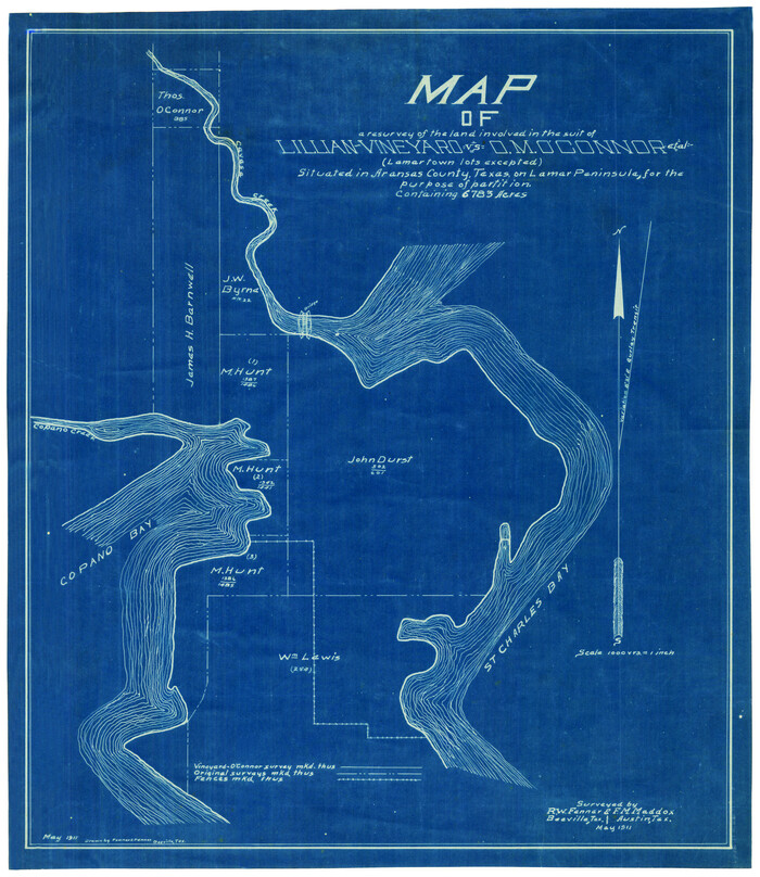 481, Map of a resurvey of the land involved in the suit of Lillian-Vineyard vs. O.M. O'Connor et al (Lamar townlots excepted), Maddox Collection