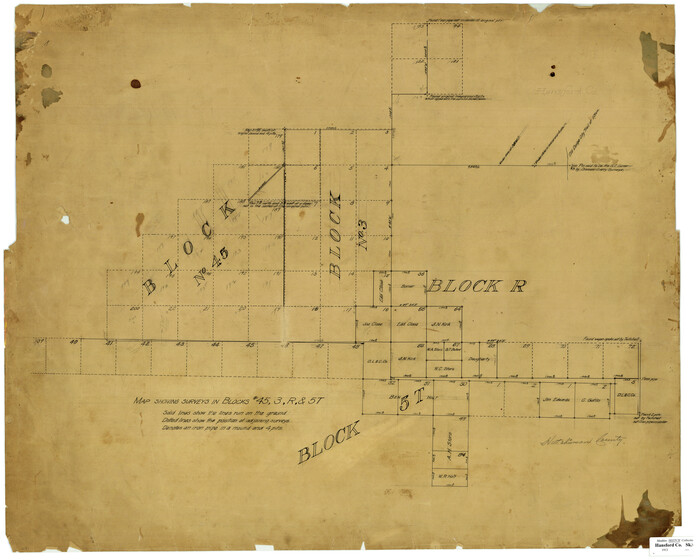 496, Map showing surveys in Blocks 45, 3, R & 5T, Maddox Collection
