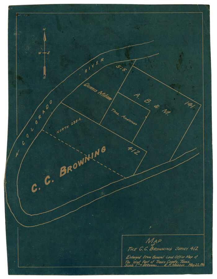 10752, Map of the C.C. Browning survey 412 enlarged from General Land Office map of the west part of Travis County, Texas, Maddox Collection
