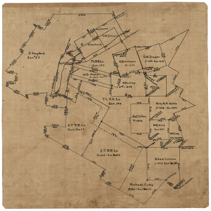 10753, [Surveying sketch of S. Hayford, E. T. R.R. Co., T. C. R. R. Co., et al in Travis County, Texas], Maddox Collection
