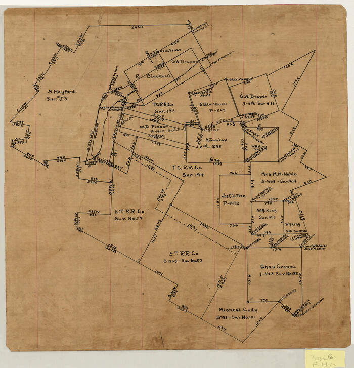 10753, [Surveying sketch of S. Hayford, E. T. R.R. Co., T. C. R. R. Co., et al in Travis County, Texas], Maddox Collection