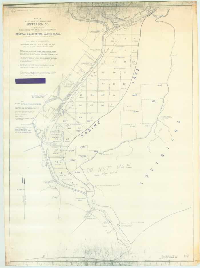 1930, West Half of Sabine Lake, Jefferson County, showing Subdivision for Mineral Development; do not use; see Map 25a, General Map Collection