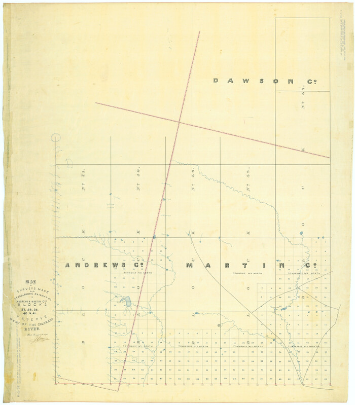 2229, Map of Surveys Made for the T&PRR in Andrews & Martin Counties, Blocks 37, 38, 39, 40 & 41, Reserve West of the Colorado River, General Map Collection