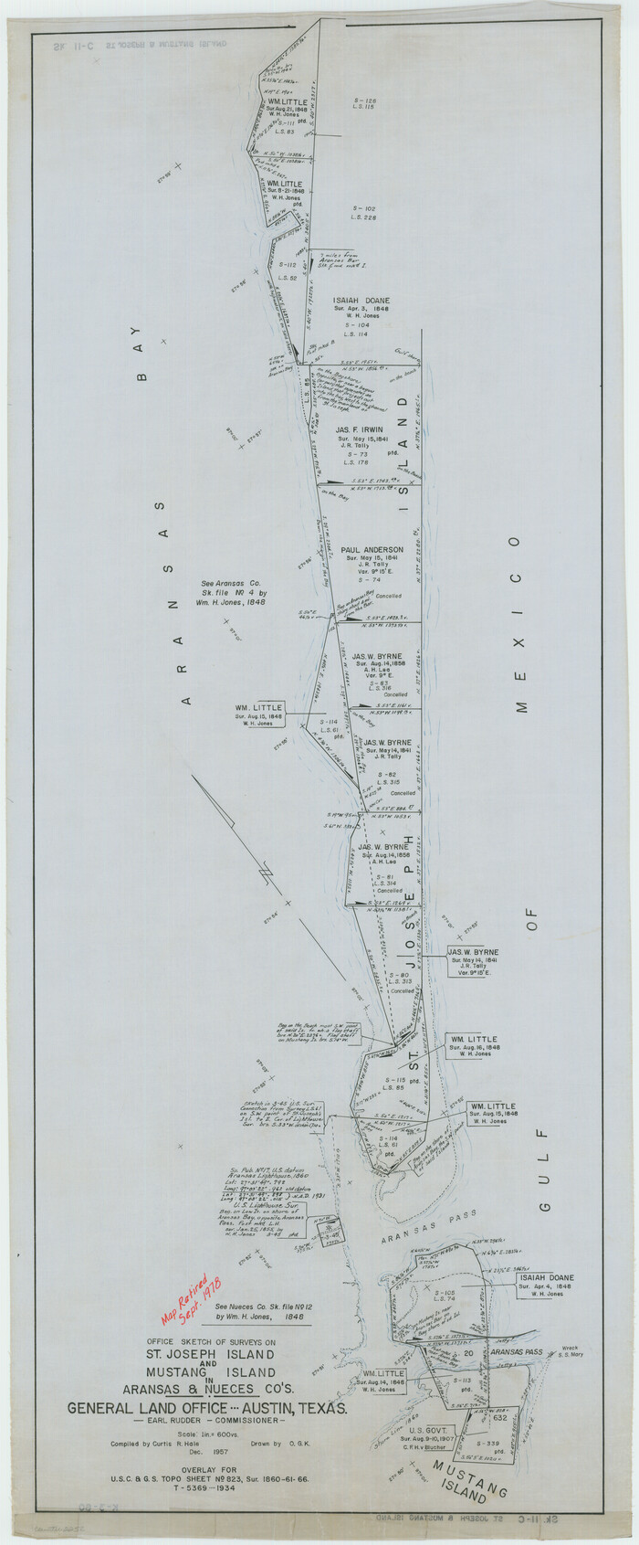 2252, Office sketch of surveys on St. Joseph Island and Mustang Island in Aransas & Nueces Cos., General Map Collection