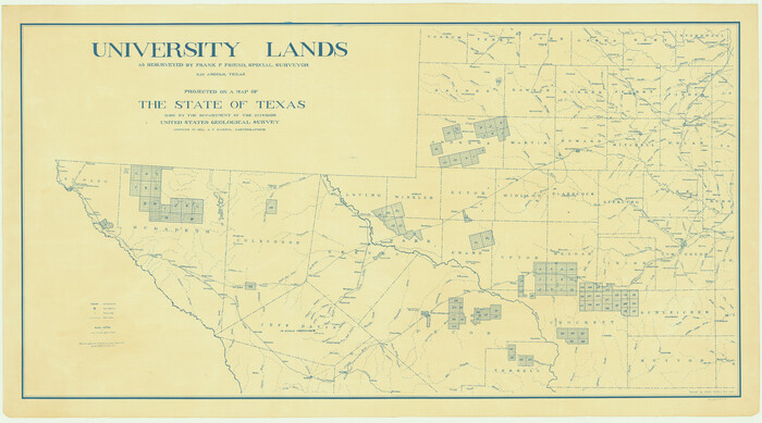 2418, University Lands as resurveyed by Frank F. Friend, Special Surveyor, San Angelo, Texas projected on a map of the State of Texas, General Map Collection