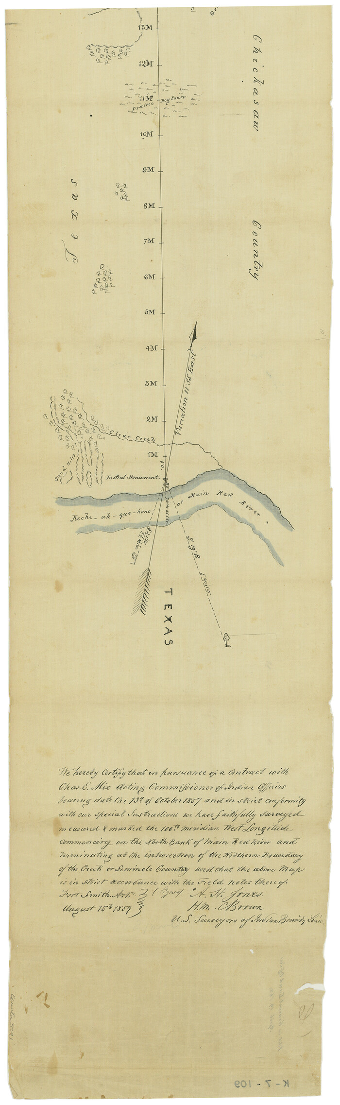 3091, Map of survey of the 100th Meridian west longitude, extending from the north bank of Red River to the intersection of the Northern Boundary of the Creek or Seminole Country, General Map Collection