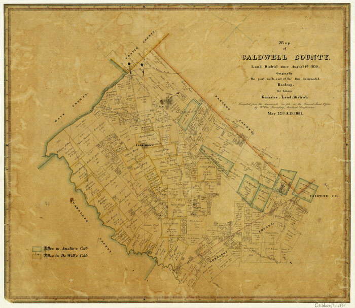 3355, Map of Caldwell County, Land District since August 1st. 1859; Originally the part north, east of the line designated Bastrop - the balance, Gonzales Land District, General Map Collection
