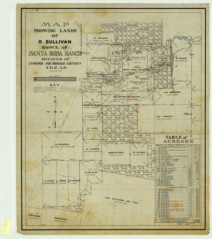 4455, Map showing lands of D. Sullivan known as Santa Rosa Ranch situated in Cameron and Hidalgo Counties, Texas, Maddox Collection
