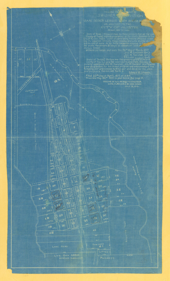 455, Tracing from a map of Swisher Subdivision of part of the Isaac Decker league southside Colorado River an addition to the City of Austin, Maddox Collection