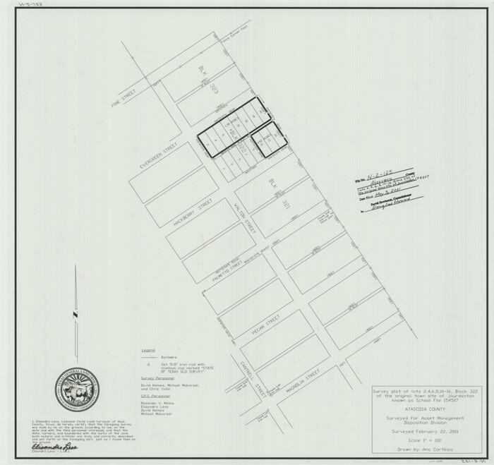 60392, Survey plat of lots 2, 4, 6, 8, 10-16, Block 322 of the original town site of Jourdanton known as School File 154507, General Map Collection