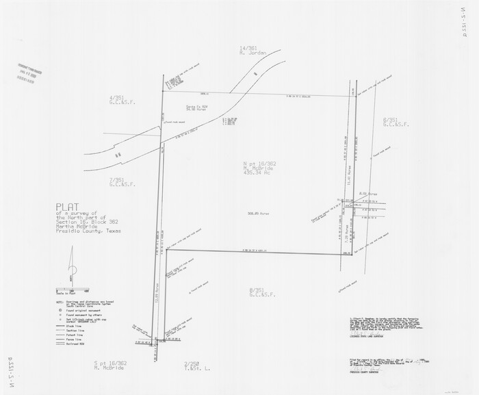 60520, Plat of a survey of the North part of section 16, Block 362, Martha McBride, Presidio County, Texas, General Map Collection
