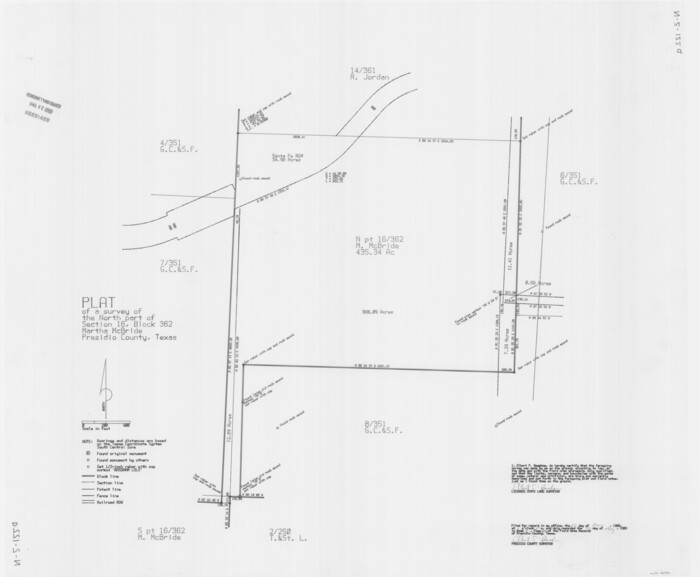 60520, Plat of a survey of the North part of section 16, Block 362, Martha McBride, Presidio County, Texas, General Map Collection