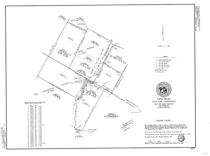 61151, Plat showing survey of tracts in the C. A. West survey A-337 and the Wm. Standiferd survey A-301 in Bastrop County as surveyed for the Veteran's Land Board, General Map Collection