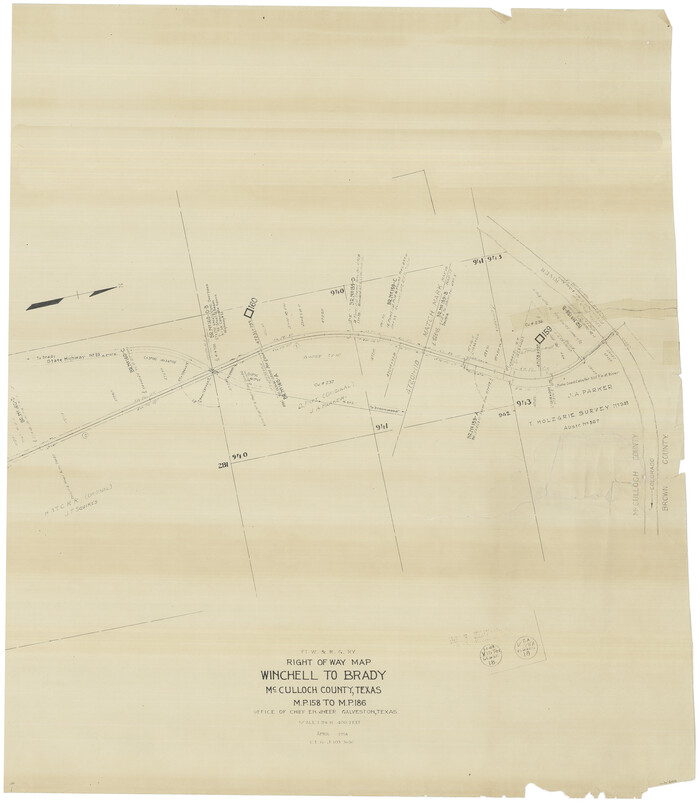 61416, FT. W. & R. G. Ry. Right of Way Map, Winchell to Brady, McCulloch County, Texas, General Map Collection
