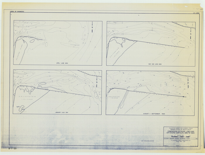 61827, Galveston Harbor and Channel, Texas Rehabilitation of South Jetty, Comparison of Shorelines and Offshore Contours 1890 to 1960, General Map Collection