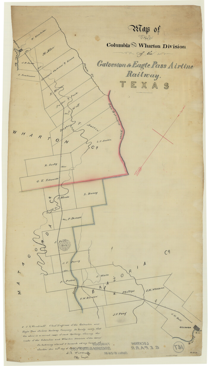 64483, Map of the Columbia and Wharton Division of the Galveston & Eagle Pass Airline Railway, General Map Collection