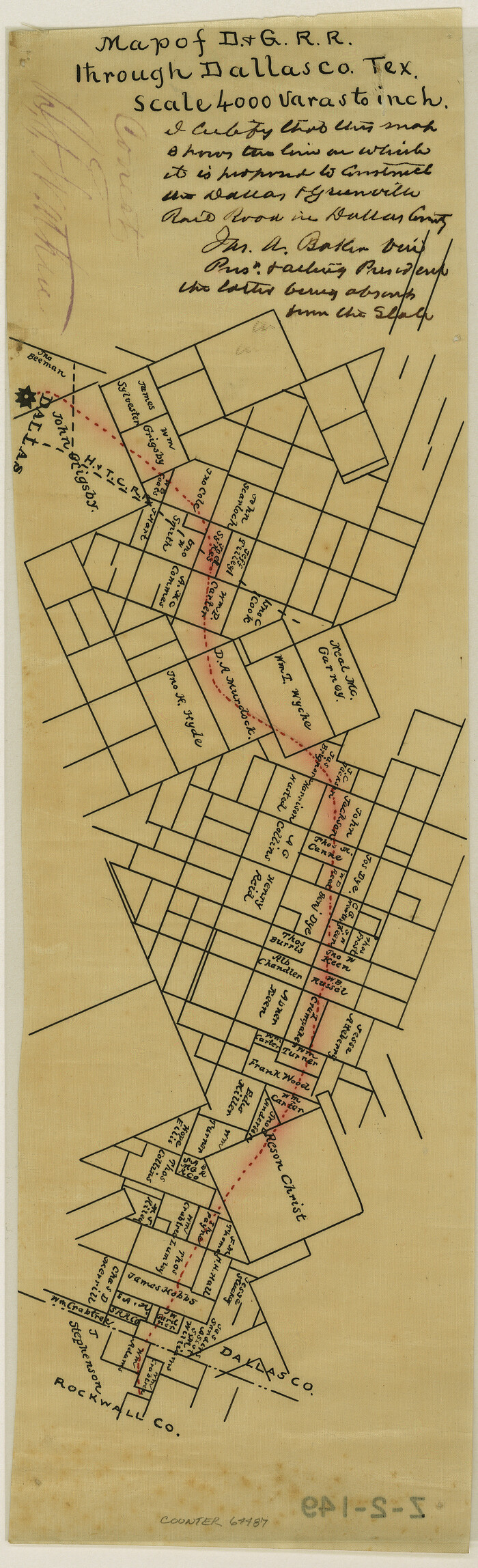 64487, Map of Dallas & Greenville Railroad through Dallas County, Texas, General Map Collection