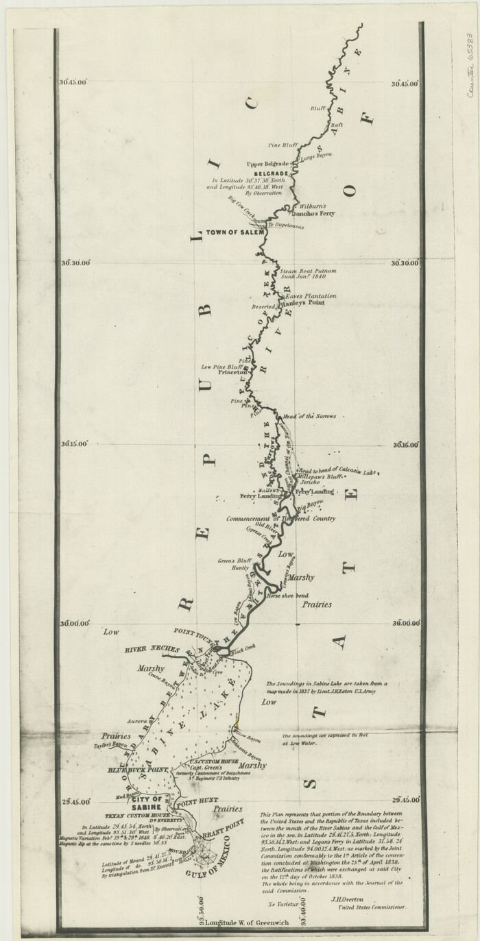 65383, Map of the River Sabine from its mouth on the Gulf of Mexico in the sea to Logan's Ferry in latitude 31° 58' 24" north, General Map Collection