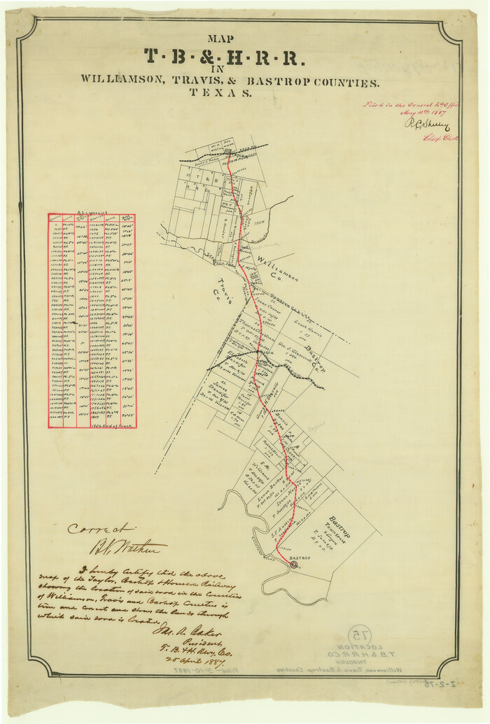 65468, Map of Taylor, Bastrop & Houston Railroad in Williamson, Travis, & Bastrop Counties, Texas., General Map Collection